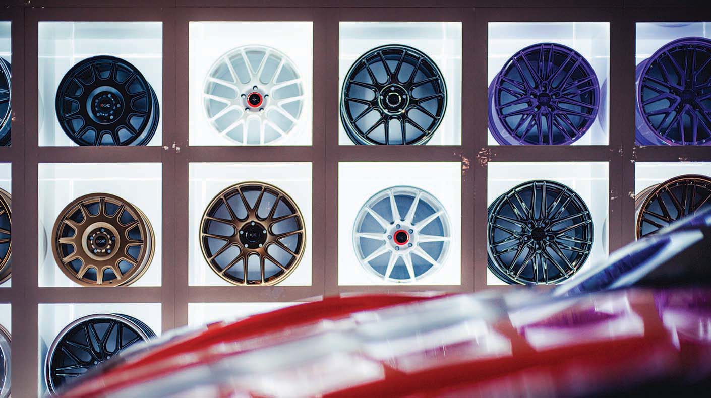 Backlit wall display of wheels