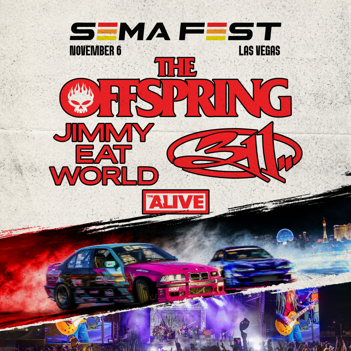SEMA Fest Flyer - Band lisiting. The Offspring, Jimmy Eats World, 311, and Alive
