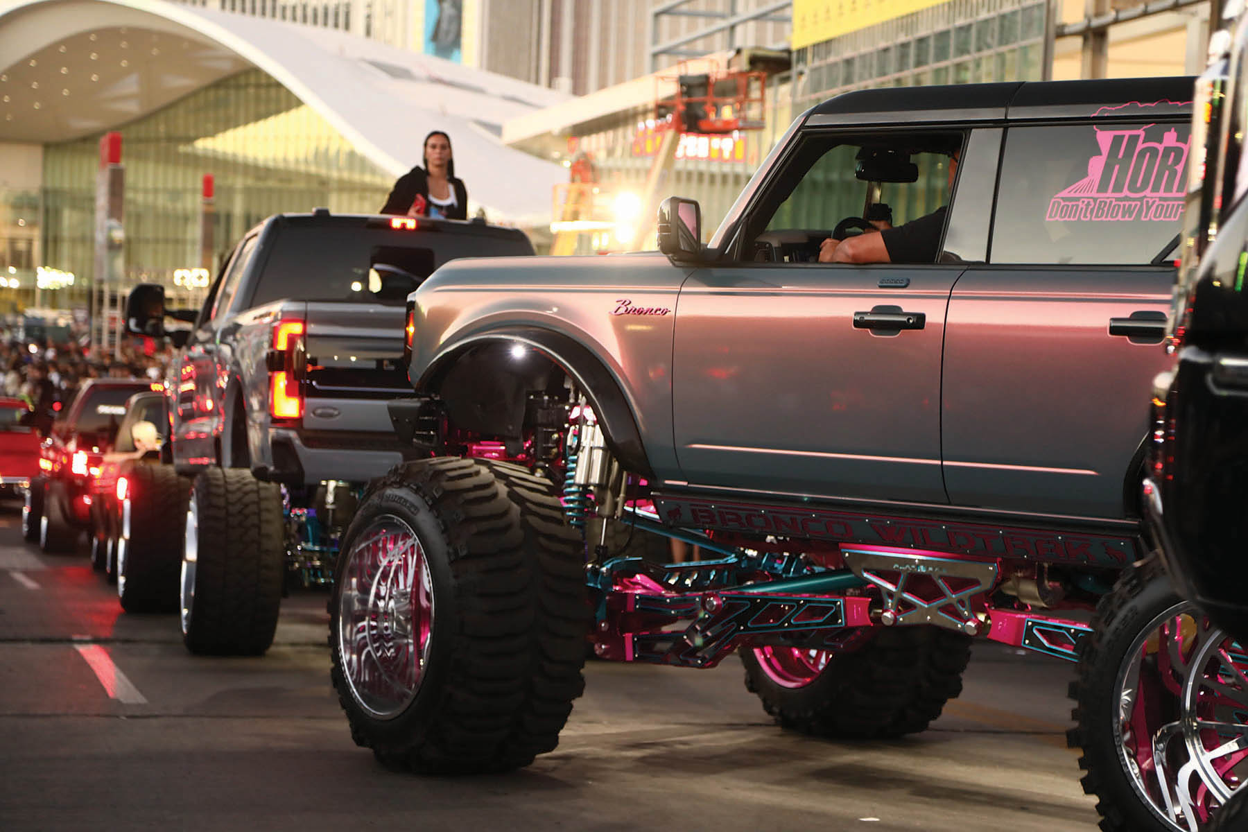 Trucks lining up for the SEMA Cruise